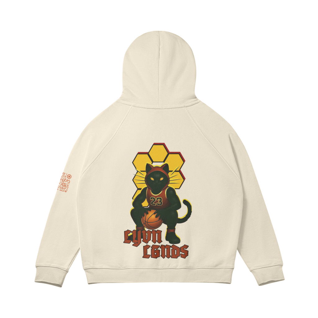 Beige hoodie with a graphic of a cat holding a basketball and 'Gym Legends' text on a white background