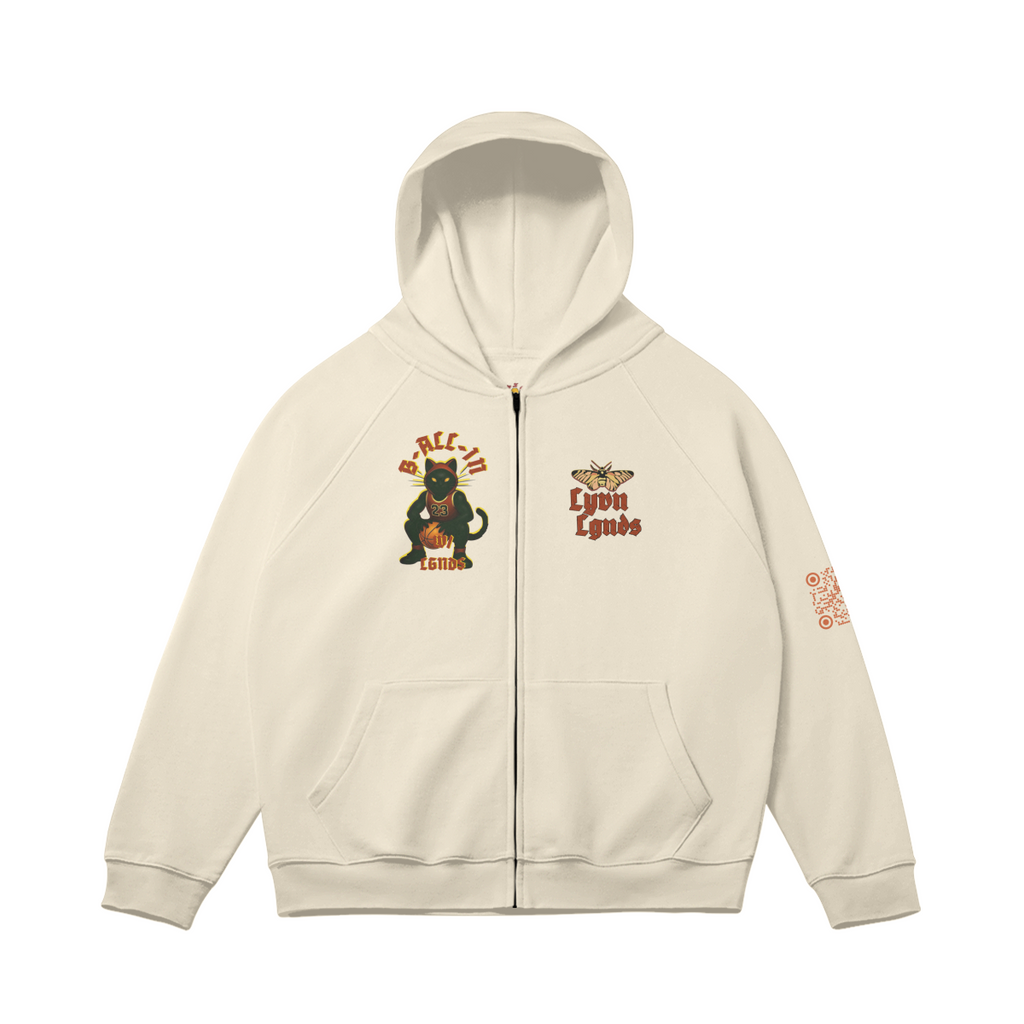 Beige hoodie with bear graphic and text on a white background